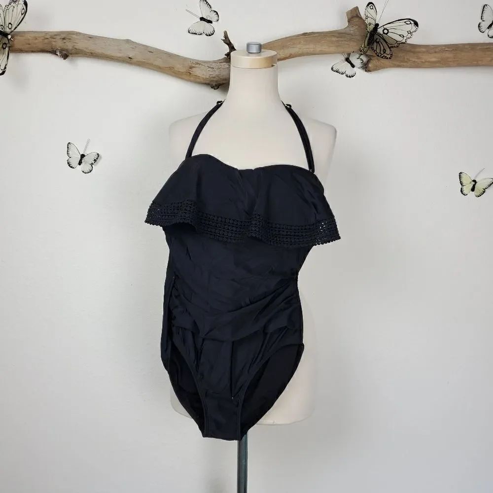 Kona Sol black one piece swim suit ruffle chest